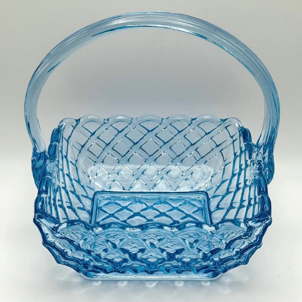 Vintage L.E. Smith Blue Glass Trellis Basket Woven Lattice Handle Cottagecore